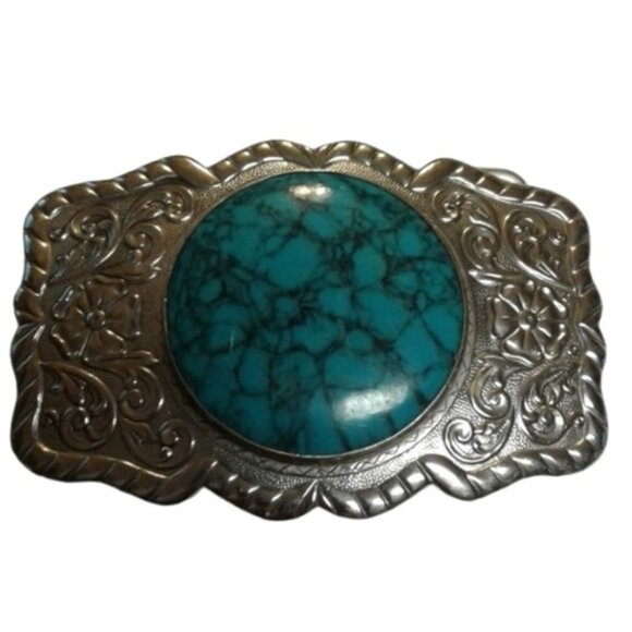 Bell Trading Belt Buckle Cabochon Stone Turquoise Floral Rope Nickel Silver - Picture 1 of 5